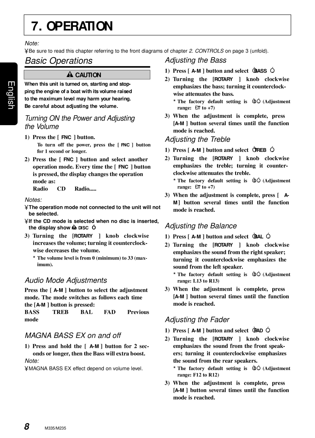 Clarion M335/M235 owner manual Basic Operations 