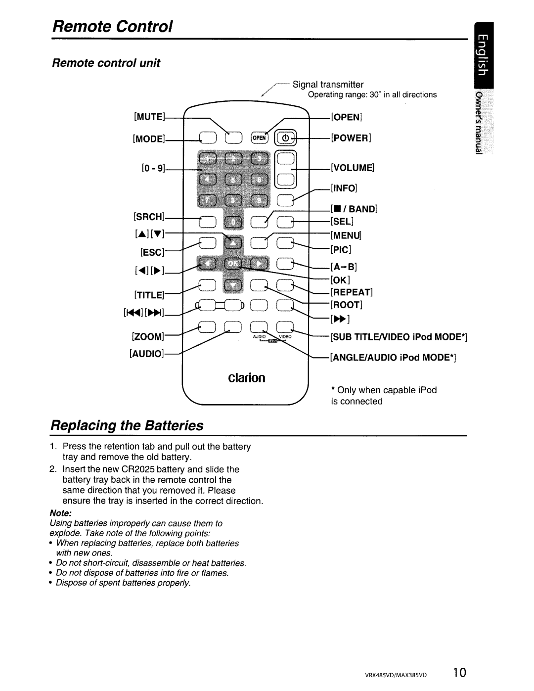 Clarion MAX385VD, VRX485VD installation manual Remote Control, Remote control unit 