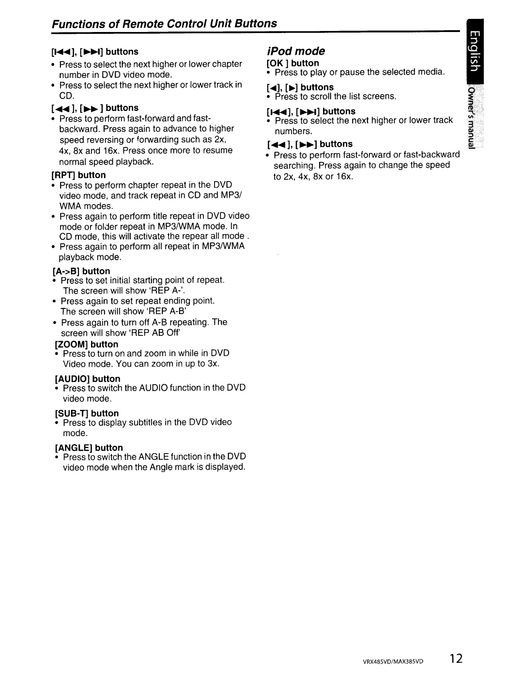 Clarion MAX385VD, VRX485VD installation manual Functions of Remote Control Unit Buttons, IPodmode 