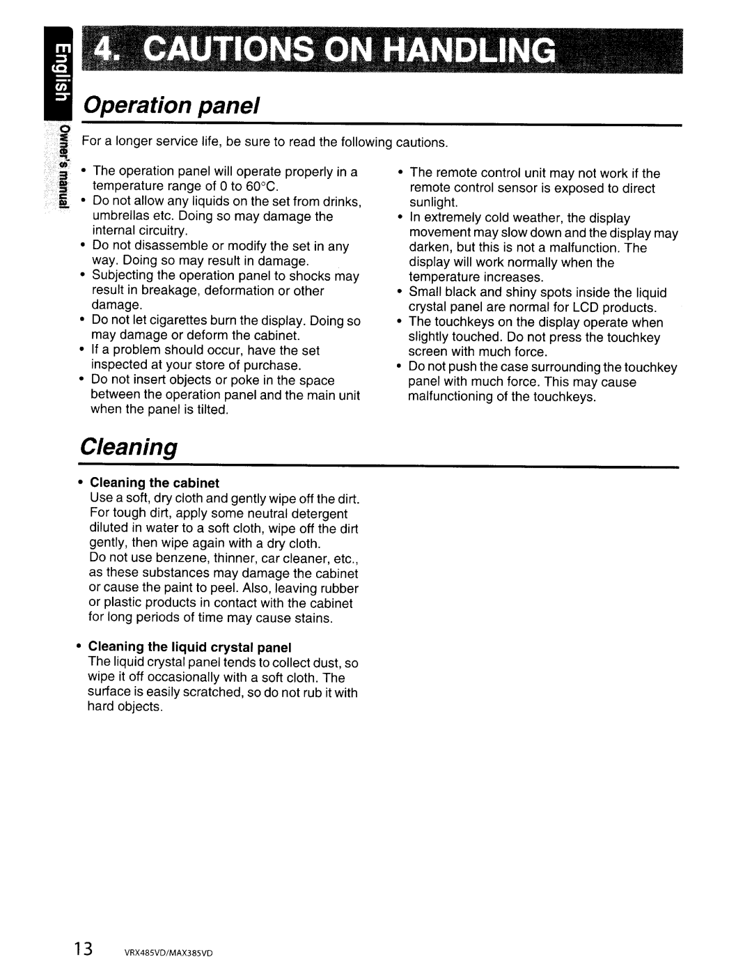 Clarion VRX485VD, MAX385VD installation manual Operation panel, Cleaning the cabinet, Cleaning the liquid crystal panel 