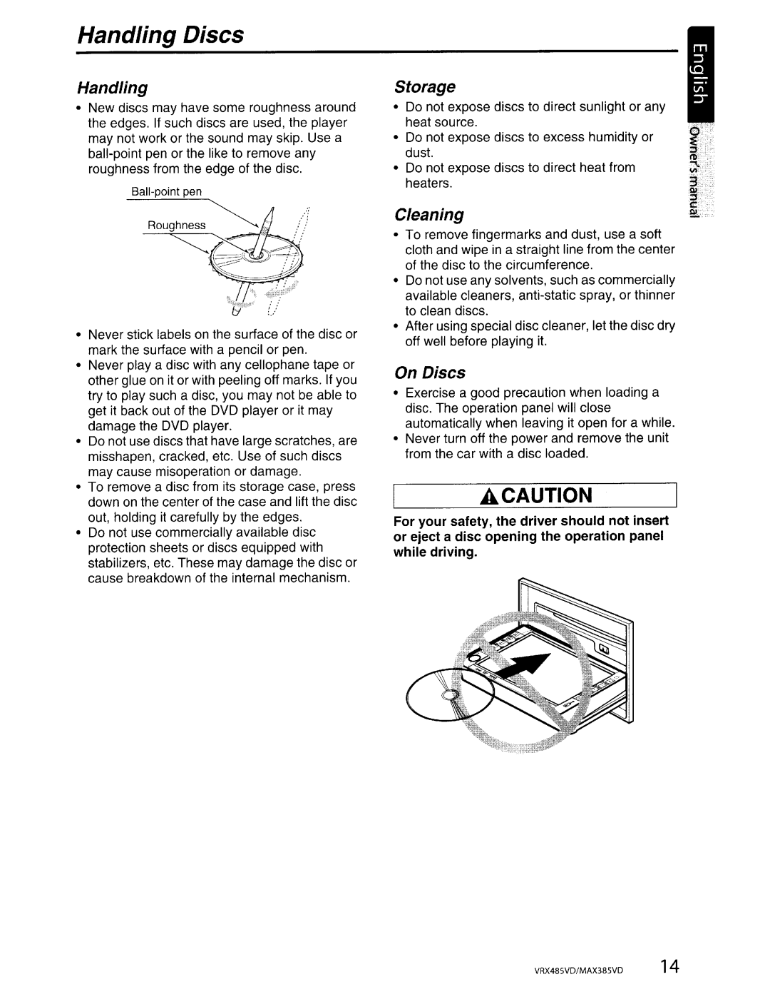 Clarion MAX385VD, VRX485VD installation manual Handling, Storage, Cleaning, On Discs 