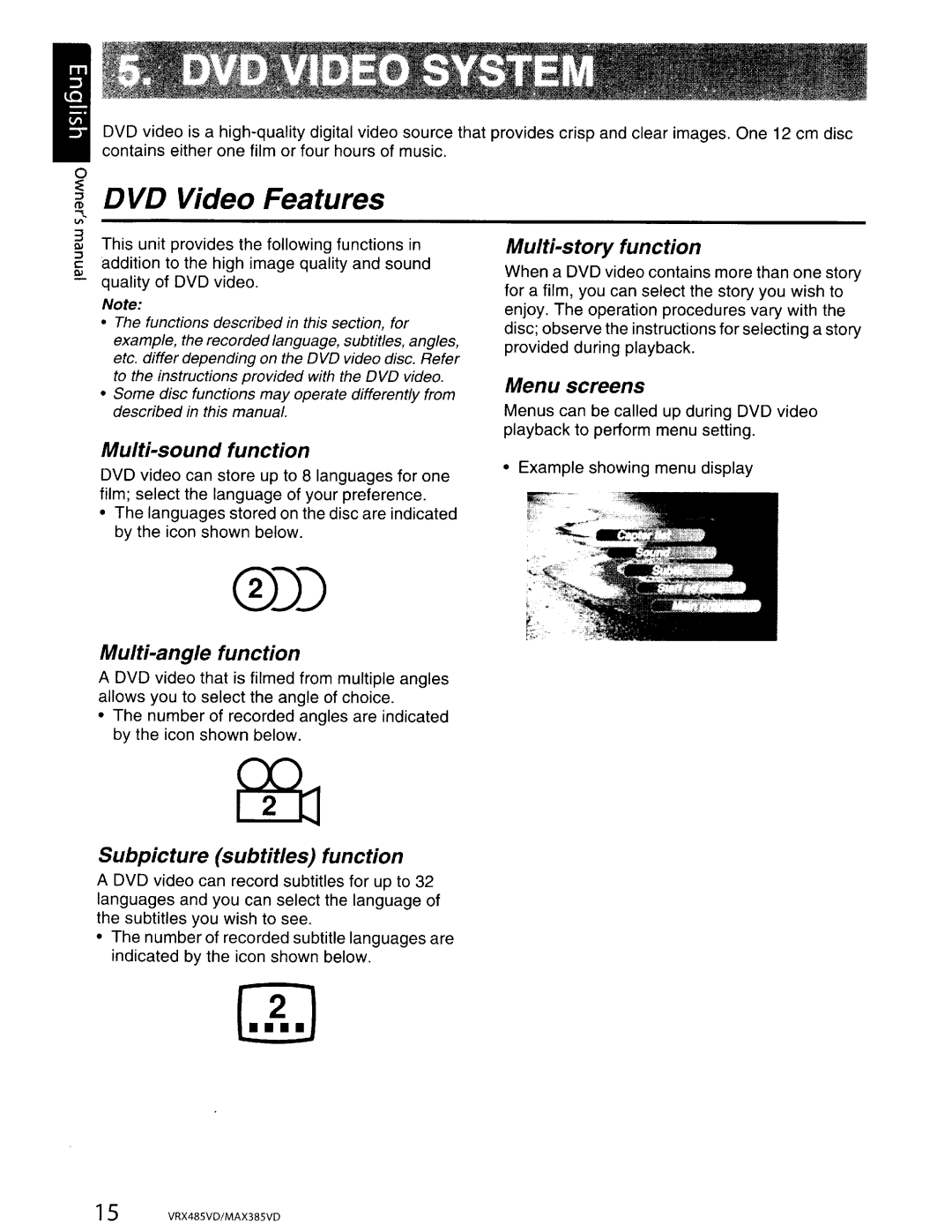 Clarion VRX485VD, MAX385VD installation manual ~ DVD Video Features 