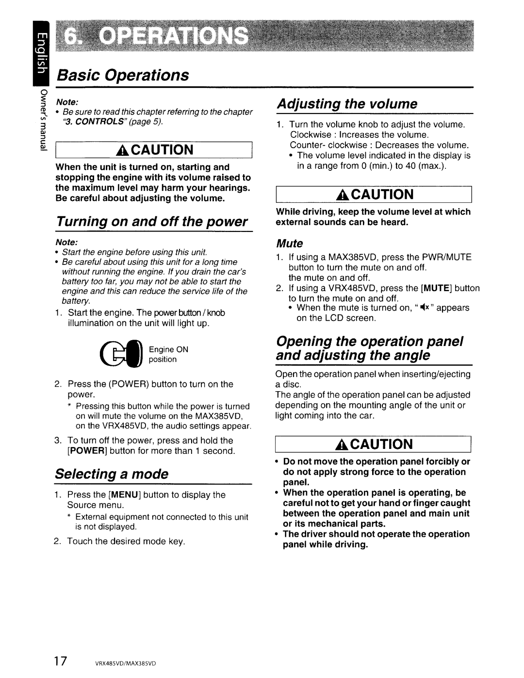 Clarion VRX485VD, MAX385VD installation manual Basic Operations 