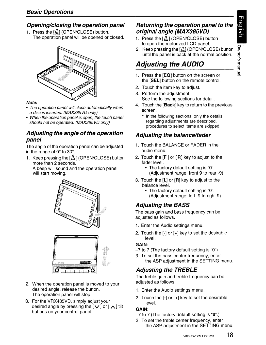 Clarion MAX385VD Basic Operations Opening/closing the operation panel, Adjusting the angle of the operation panel 