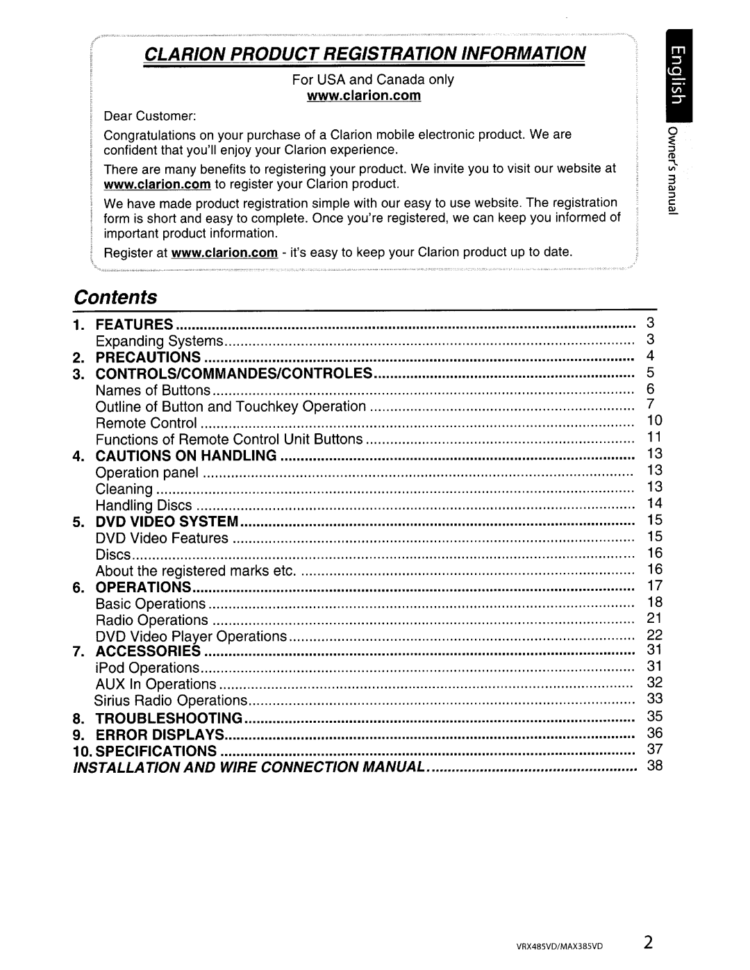 Clarion MAX385VD, VRX485VD installation manual Contents 