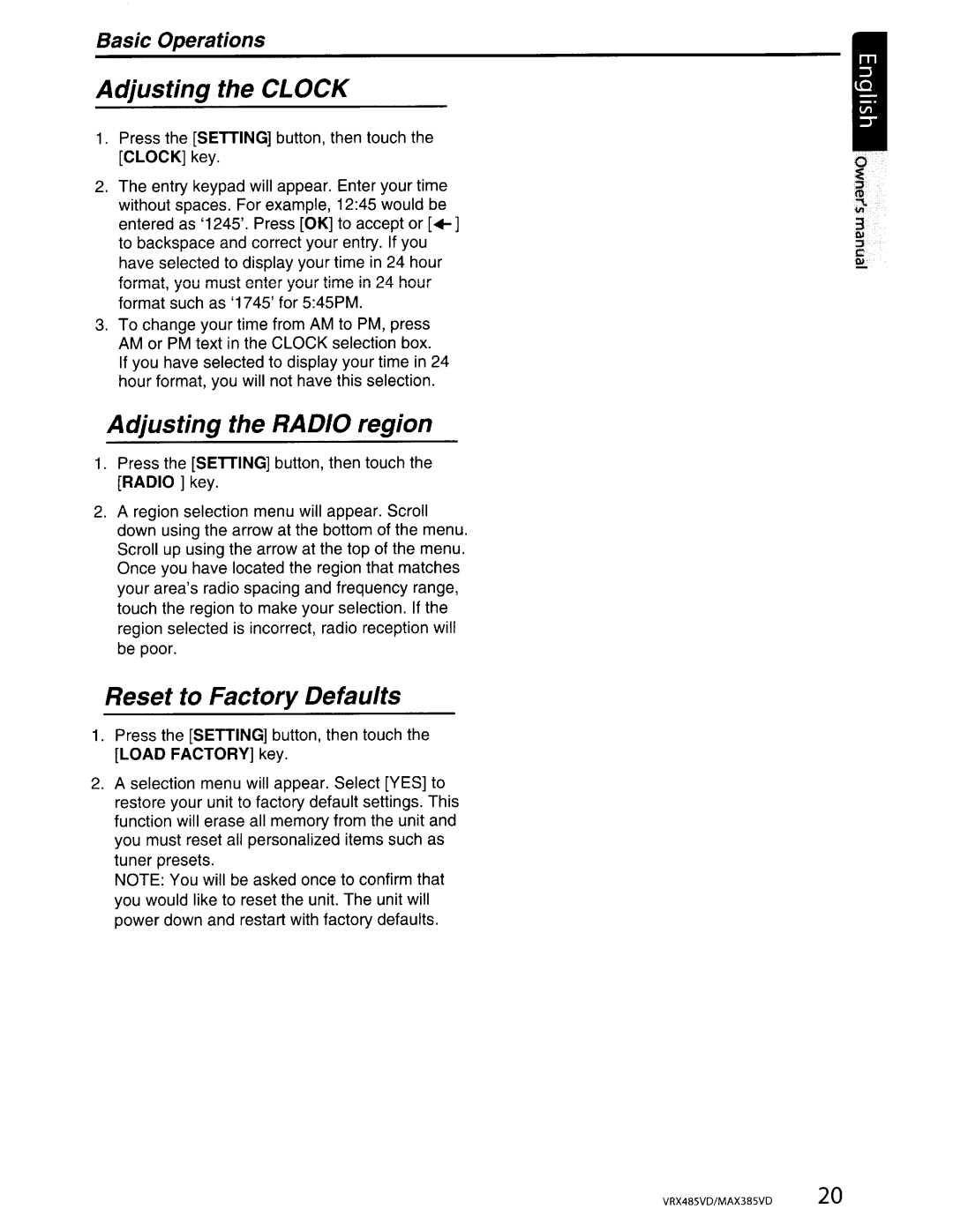 Clarion MAX385VD, VRX485VD installation manual Adjusting the Clock, Basic Operations 