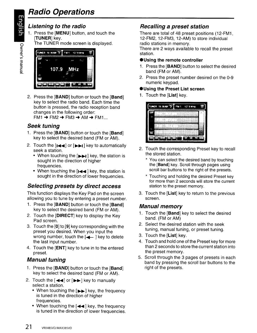 Clarion VRX485VD, MAX385VD installation manual Radio Operations 