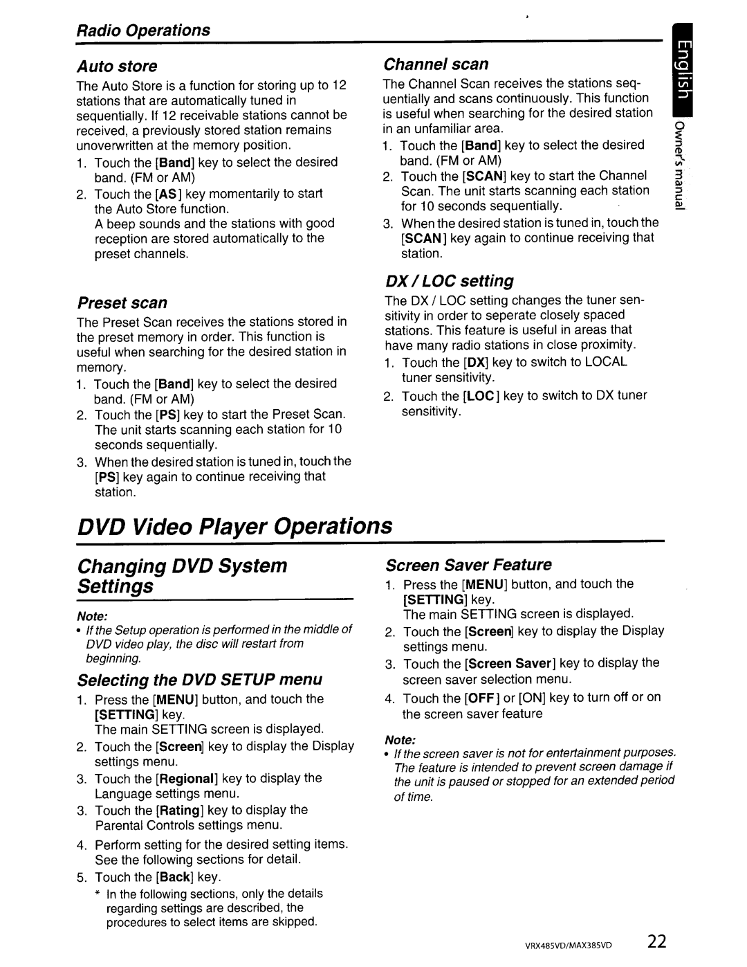 Clarion MAX385VD, VRX485VD installation manual DVD Video Player Operations 