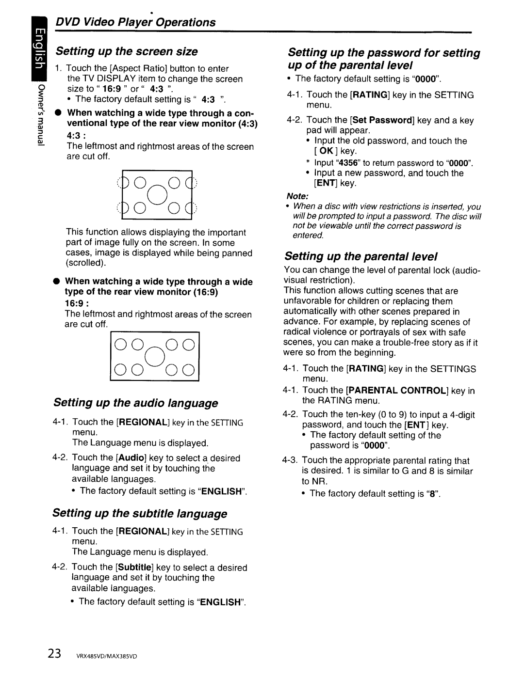 Clarion VRX485VD, MAX385VD DVD Video Player Operations Setting up the screen size, Setting up the audio language 