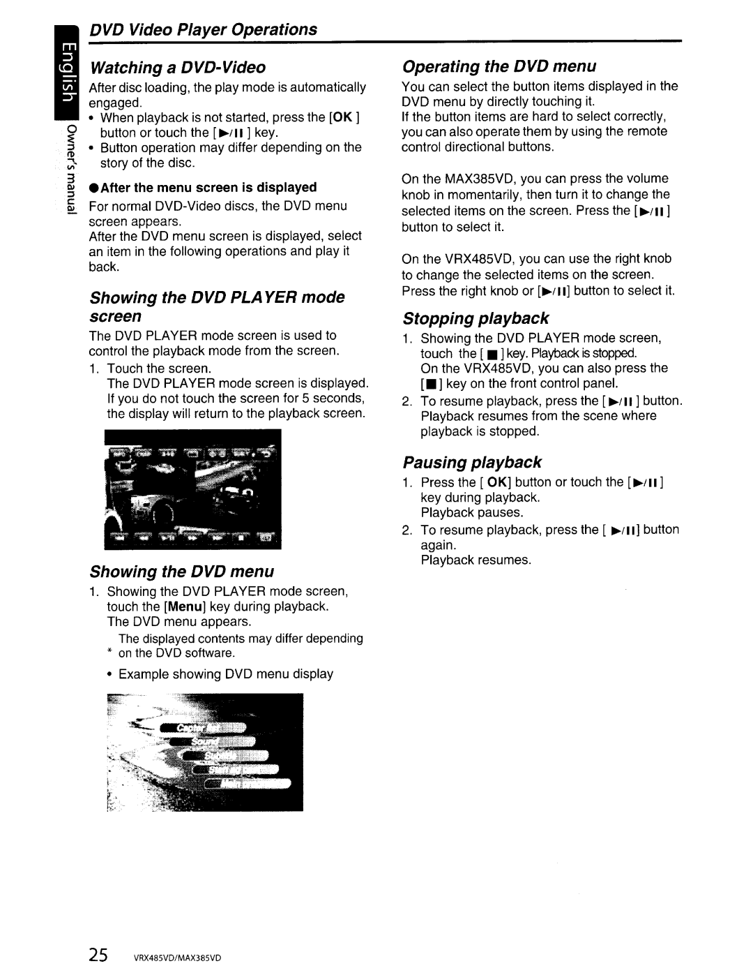 Clarion VRX485VD DVD Video Player Operations Watching a DVD-Video, Showing the DVD PLA YER mode screen, Stopping playback 