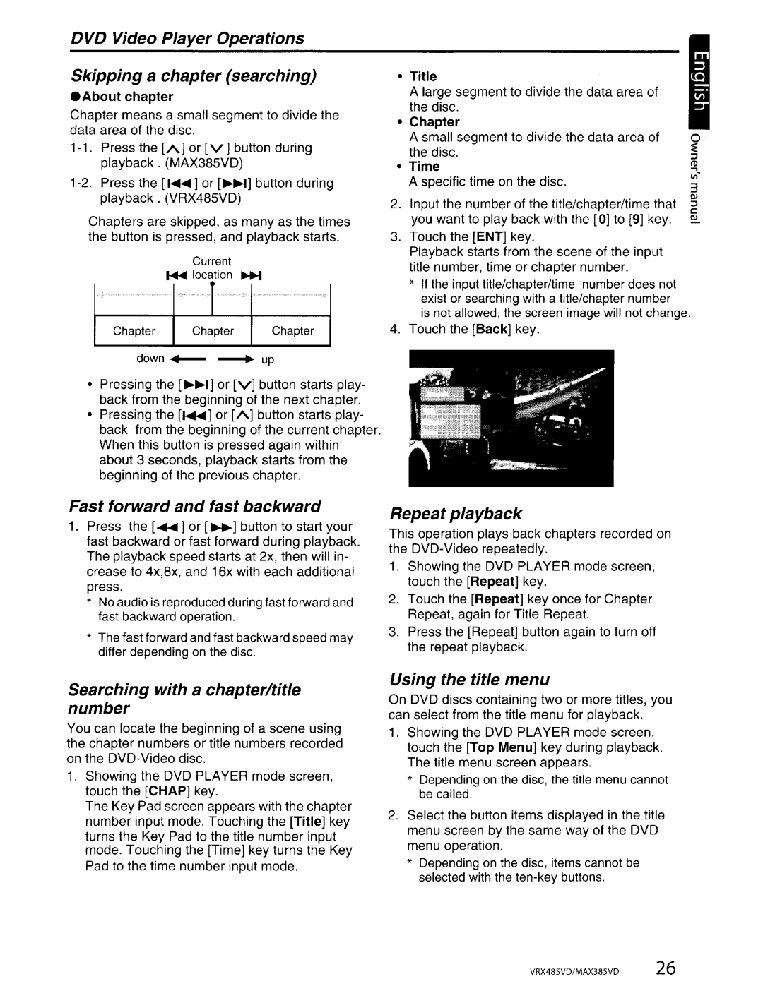 Clarion MAX385VD DVD Video Player Operations Skipping a chapter searching, Fast forward and fast backward, Repeat playback 