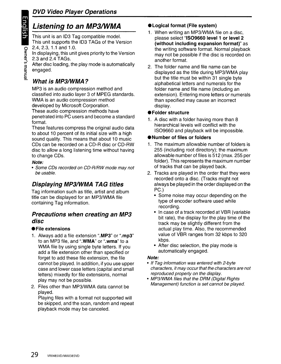 Clarion VRX485VD, MAX385VD ~ What is MP3IWMA?, Displaying MP3IWMA TAG titles, Precautions when creating an MP3 disc 