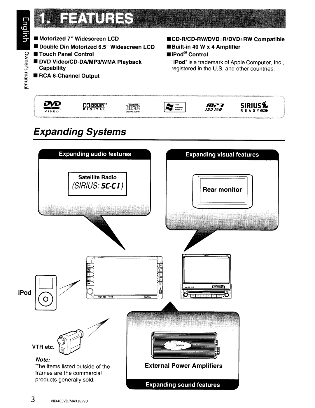 Clarion VRX485VD, MAX385VD installation manual Expanding Systems, Sirius~ 