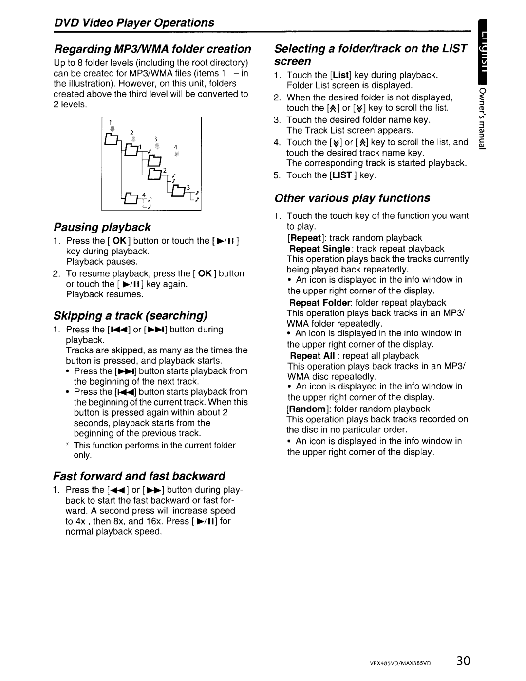 Clarion MAX385VD, VRX485VD Pausing playback, Skipping a track searching, Selecting a folder/track on the List screen 