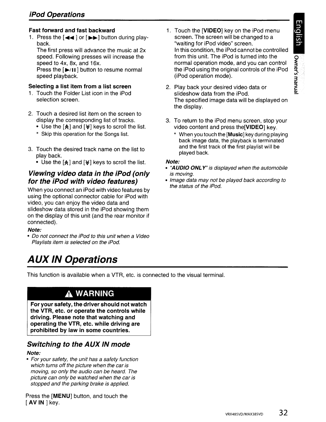 Clarion MAX385VD, VRX485VD installation manual IPod Operations, Switching to the AUX in mode 