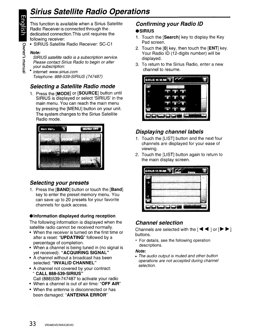 Clarion VRX485VD, MAX385VD installation manual Sirius Satellite Radio Operations 