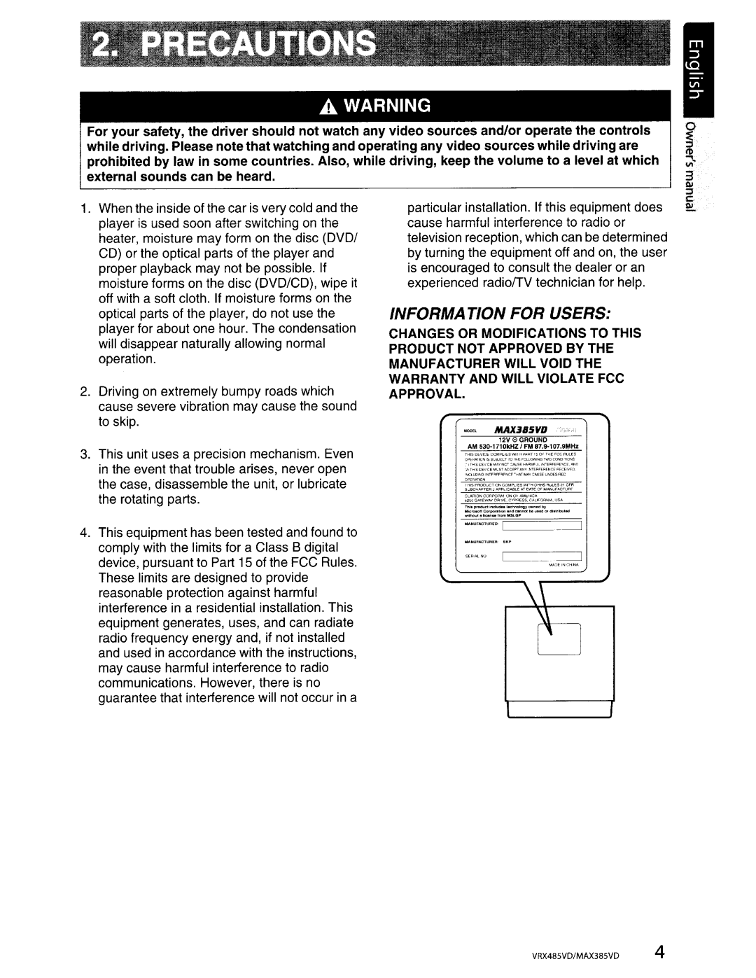 Clarion MAX385VD, VRX485VD installation manual Informa Tion for Users 