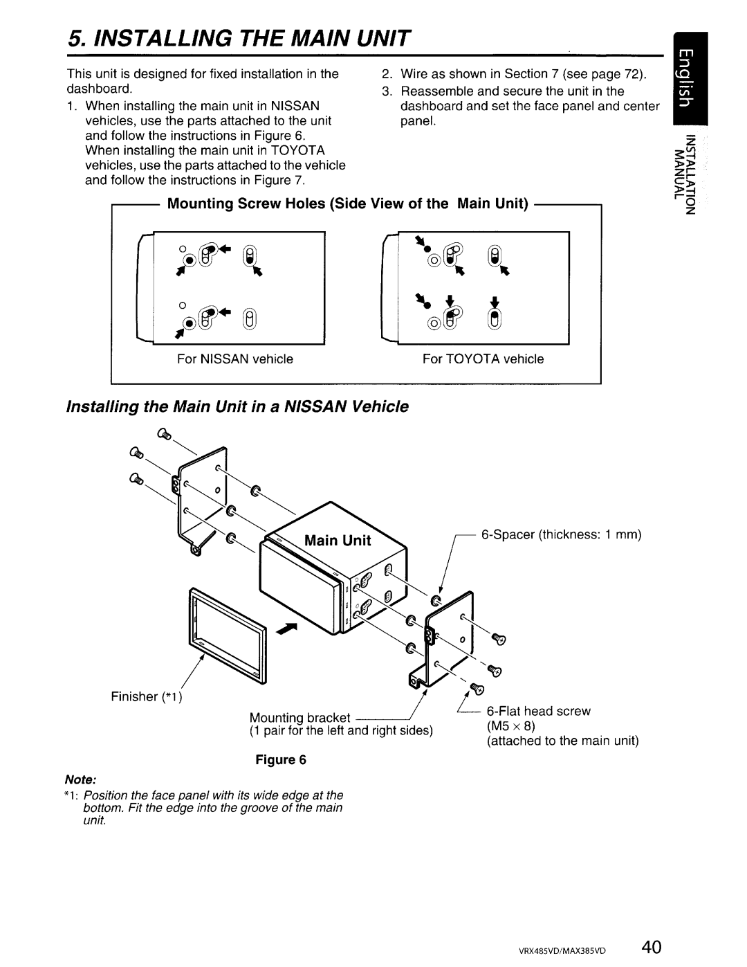 Clarion MAX385VD, VRX485VD installation manual Installing the Main Unit in a Nissan Vehicle 