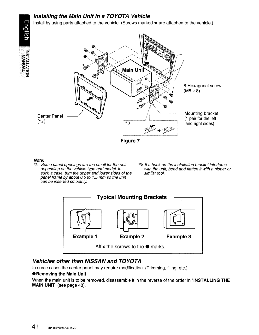 Clarion VRX485VD, MAX385VD installation manual Typical Mounting Brackets 