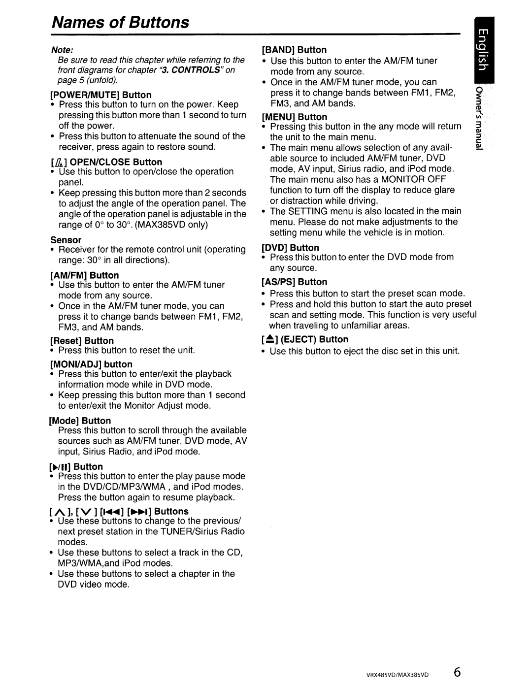 Clarion MAX385VD, VRX485VD installation manual Names of Buttons 