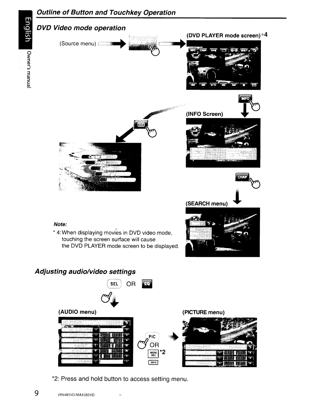 Clarion VRX485VD, MAX385VD installation manual Adjusting audio/video settings, Info Screen Search menu, Audio menu 