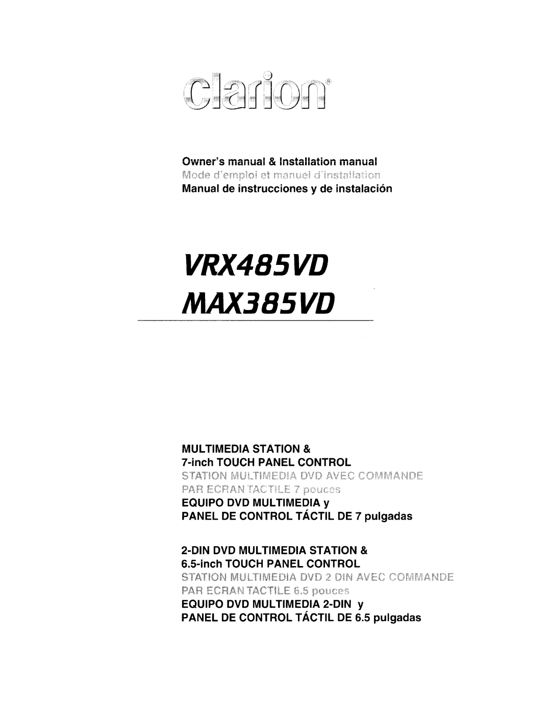 Clarion installation manual VRX485VD MAX385VD, Owneismanual & Installation manual 