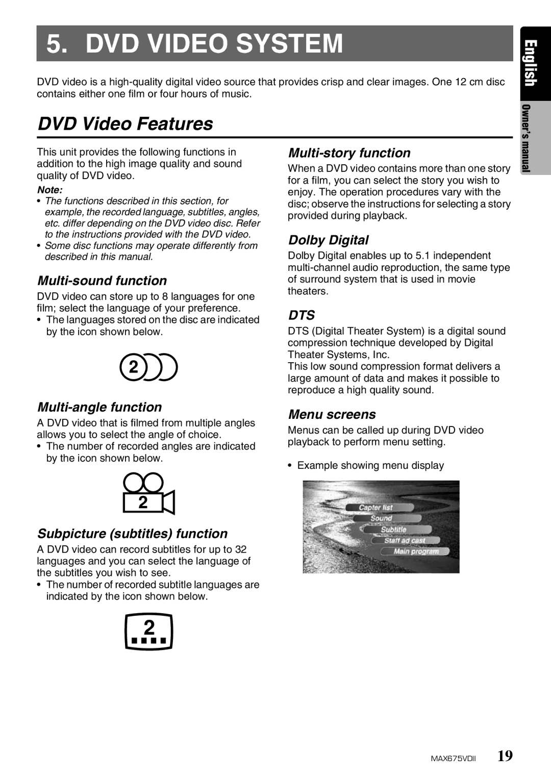 Clarion MAX675VDII owner manual DVD Video System, DVD Video Features 