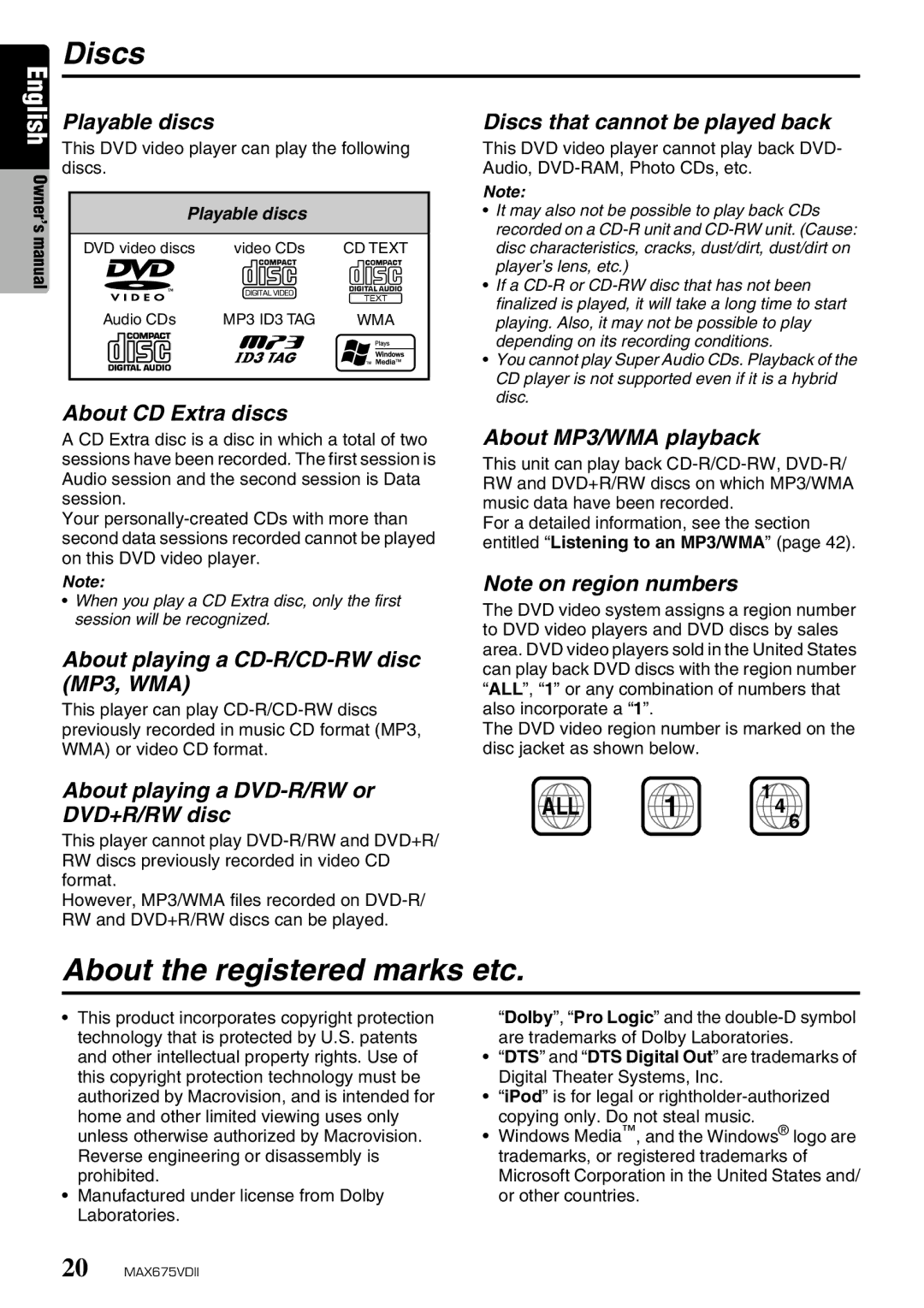 Clarion MAX675VDII owner manual Discs, About the registered marks etc 