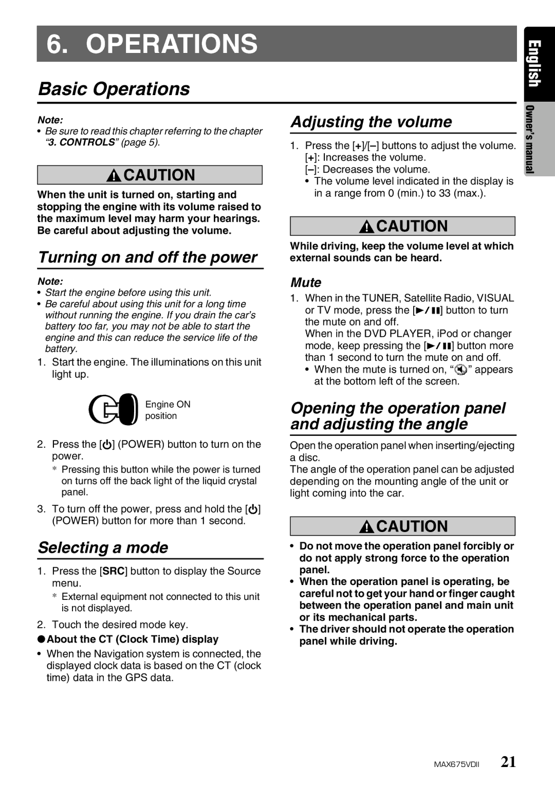 Clarion MAX675VDII owner manual Basic Operations 