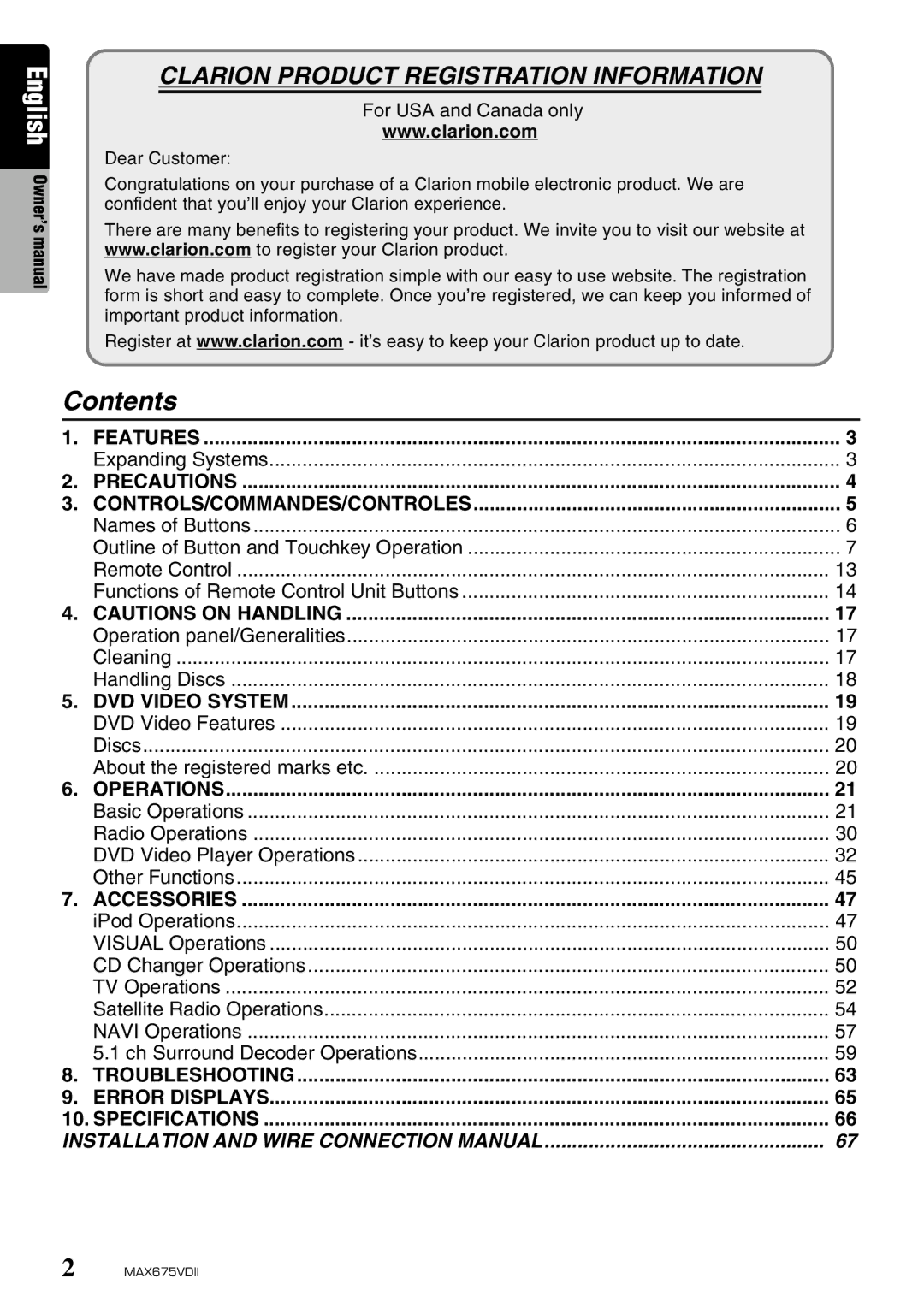 Clarion MAX675VDII owner manual Contents 