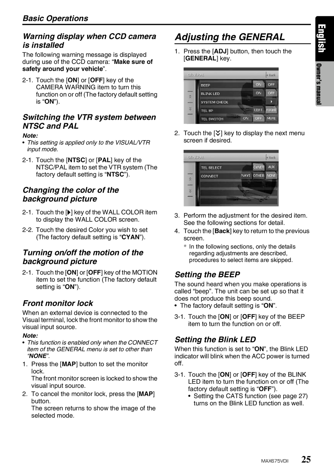 Clarion MAX675VDII owner manual Adjusting the General 