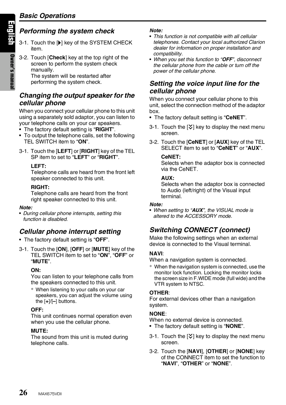 Clarion MAX675VDII Basic Operations Performing the system check, Changing the output speaker for the cellular phone 