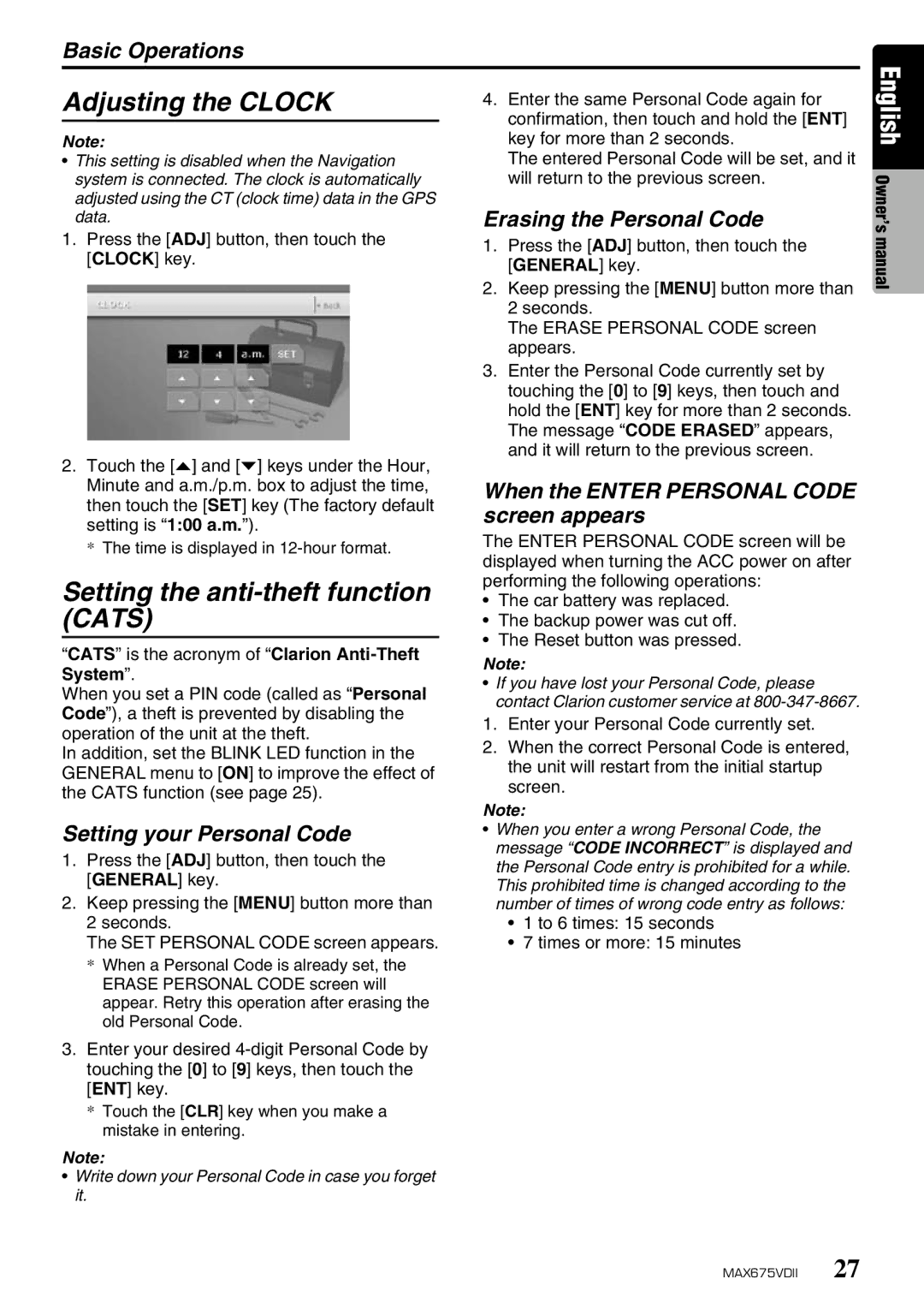 Clarion MAX675VDII owner manual Adjusting the Clock, Setting the anti-theft function Cats, Setting your Personal Code 