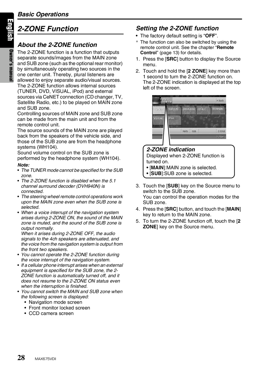 Clarion MAX675VDII owner manual Zone Function, Setting the 2-ZONE function, About the 2-ZONE function 