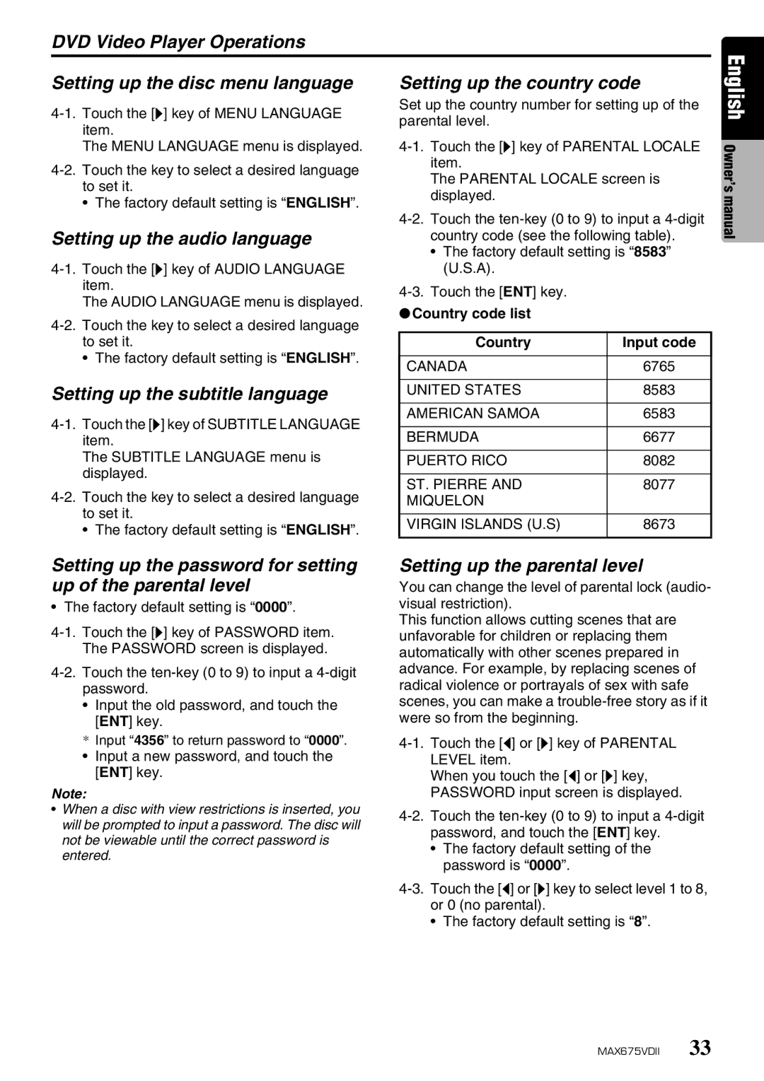 Clarion MAX675VDII Setting up the audio language, Setting up the subtitle language, Setting up the country code 