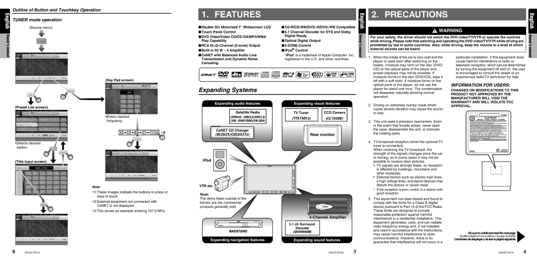 Clarion MAX675VDII owner manual Features, Precautions, Expanding Systems, Outline of Button and Touchkey Operation 