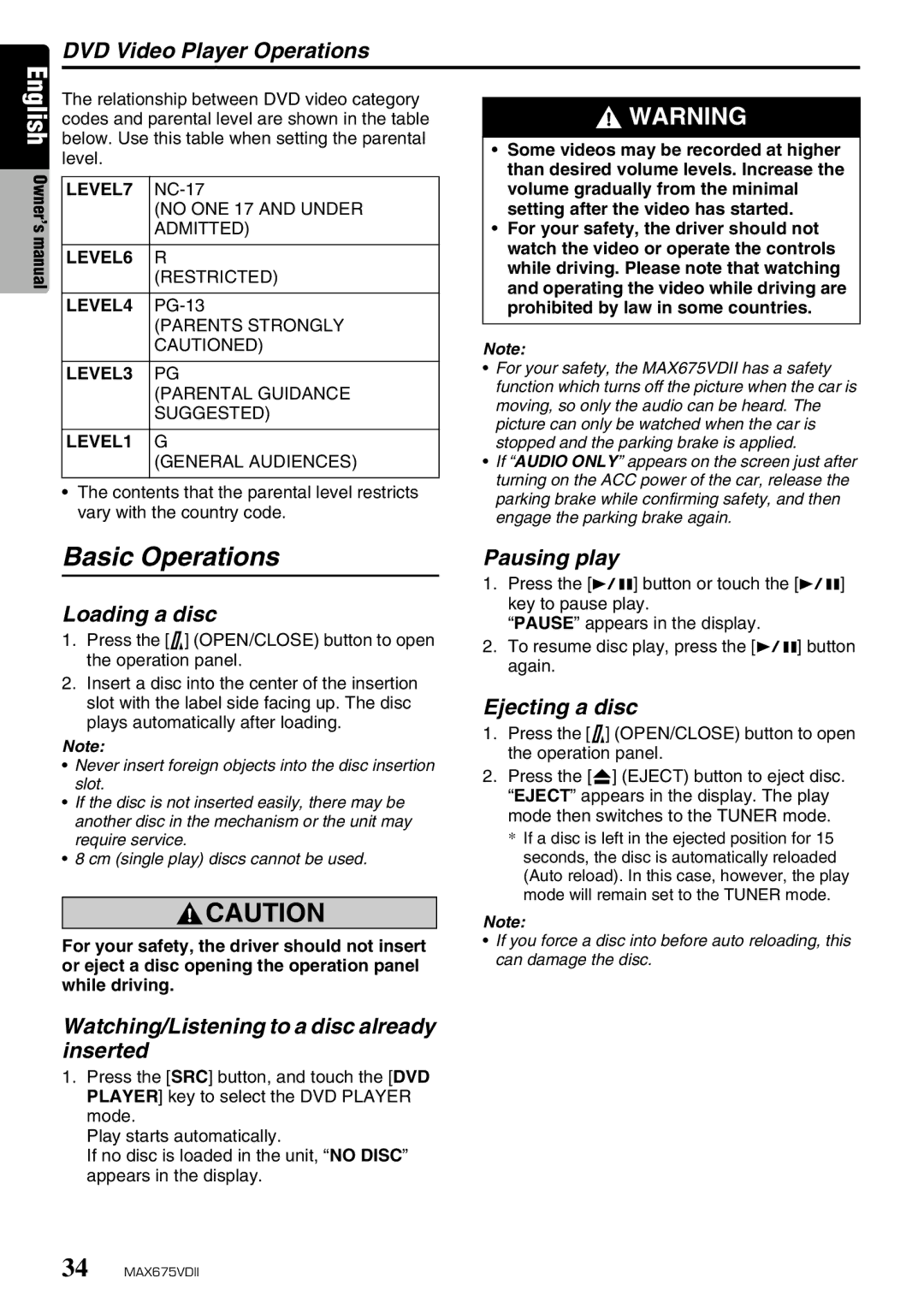 Clarion MAX675VDII owner manual Basic Operations 