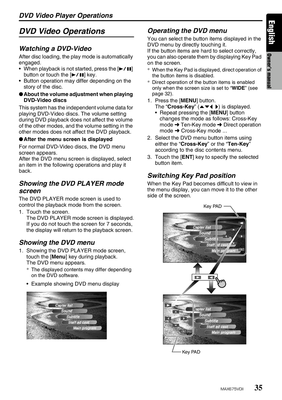 Clarion MAX675VDII owner manual DVD Video Operations, Watching a DVD-Video, Operating the DVD menu, Showing the DVD menu 