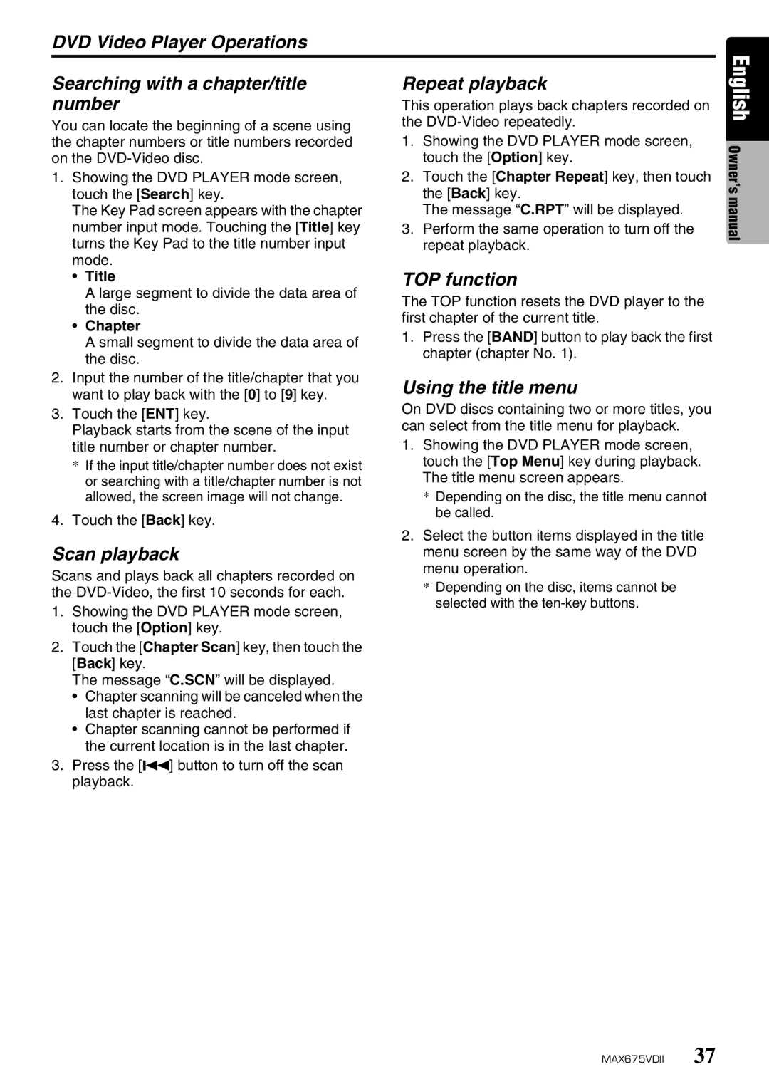 Clarion MAX675VDII owner manual Scan playback, Repeat playback, TOP function, Using the title menu 