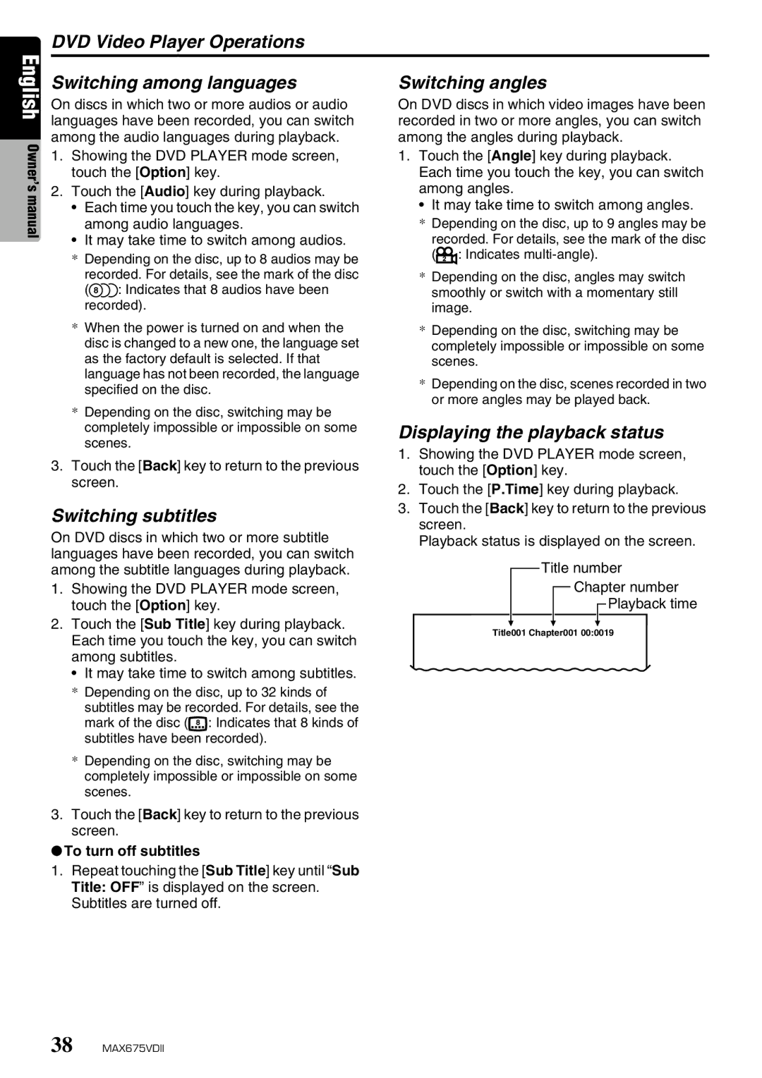 Clarion MAX675VDII DVD Video Player Operations Switching among languages, Switching subtitles, Switching angles 