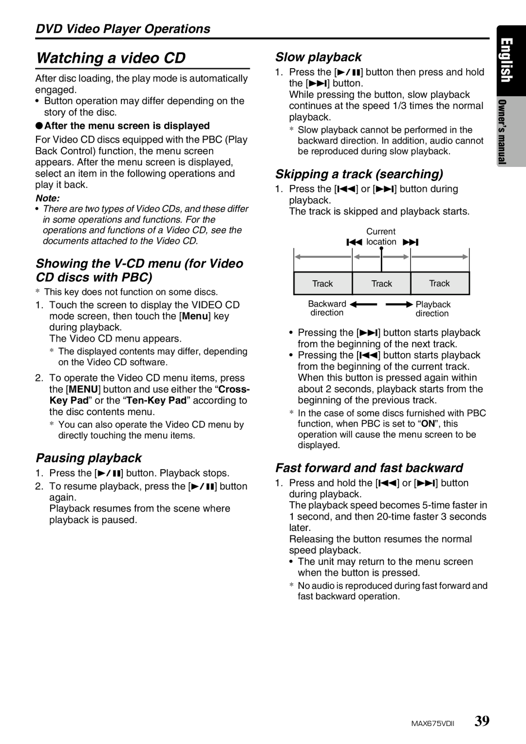 Clarion MAX675VDII Watching a video CD, Skipping a track searching, Showing the V-CD menu for Video CD discs with PBC 