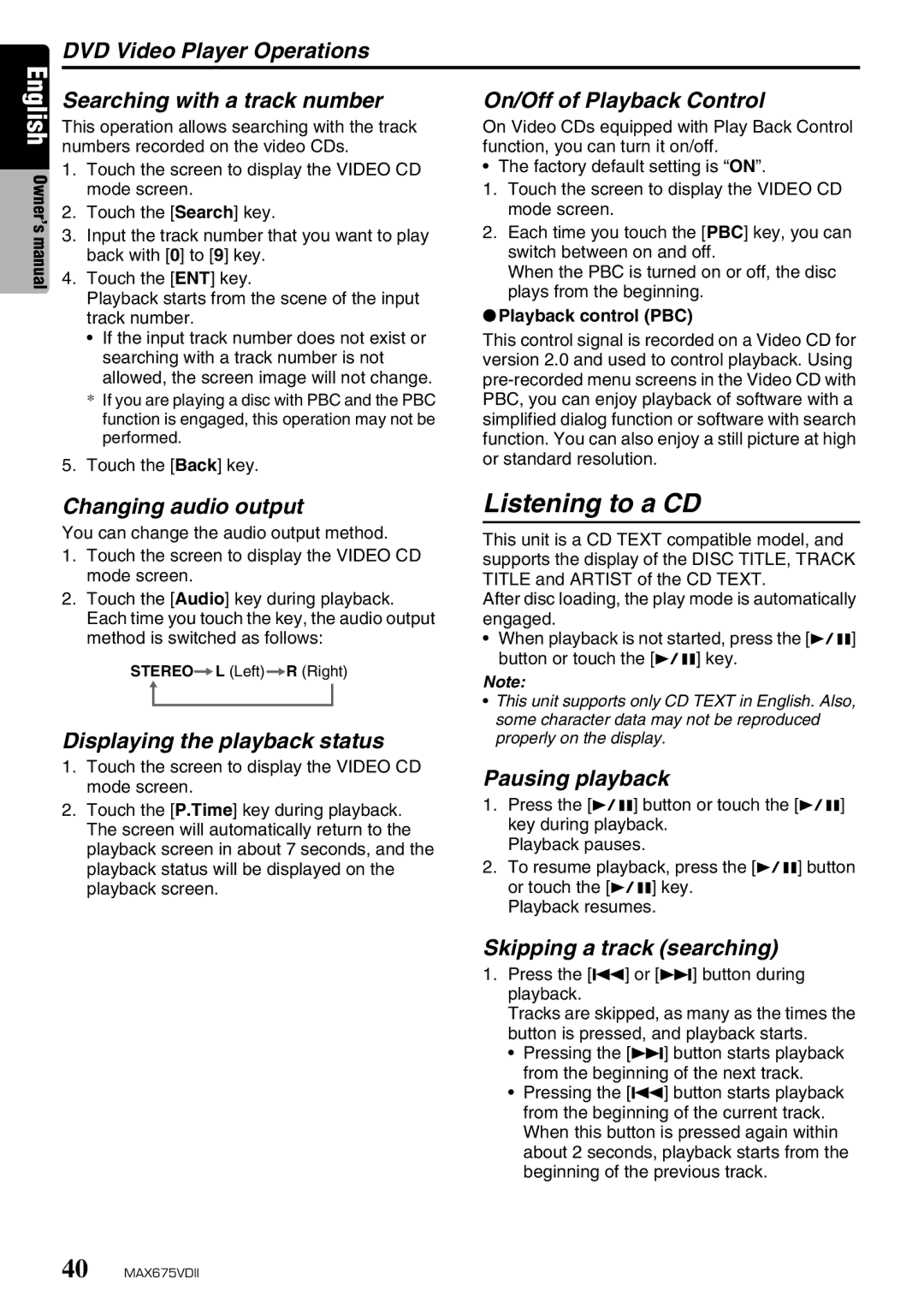 Clarion MAX675VDII Listening to a CD, DVD Video Player Operations Searching with a track number, Changing audio output 