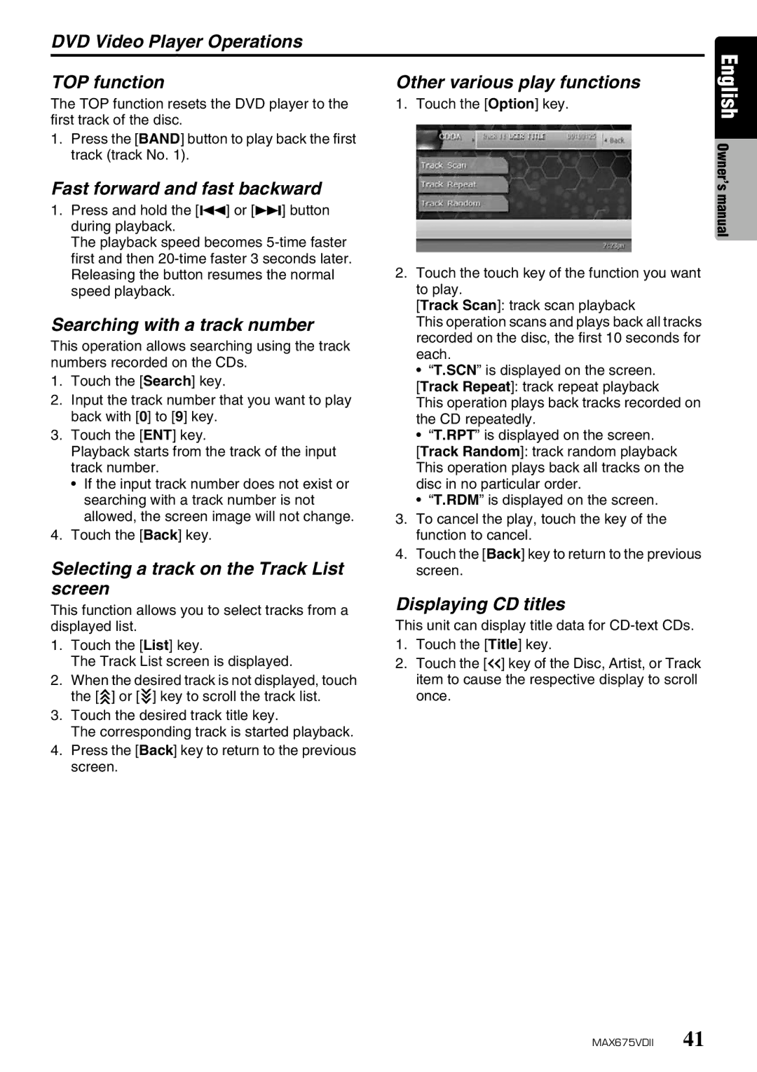 Clarion MAX675VDII owner manual DVD Video Player Operations TOP function, Selecting a track on the Track List screen 