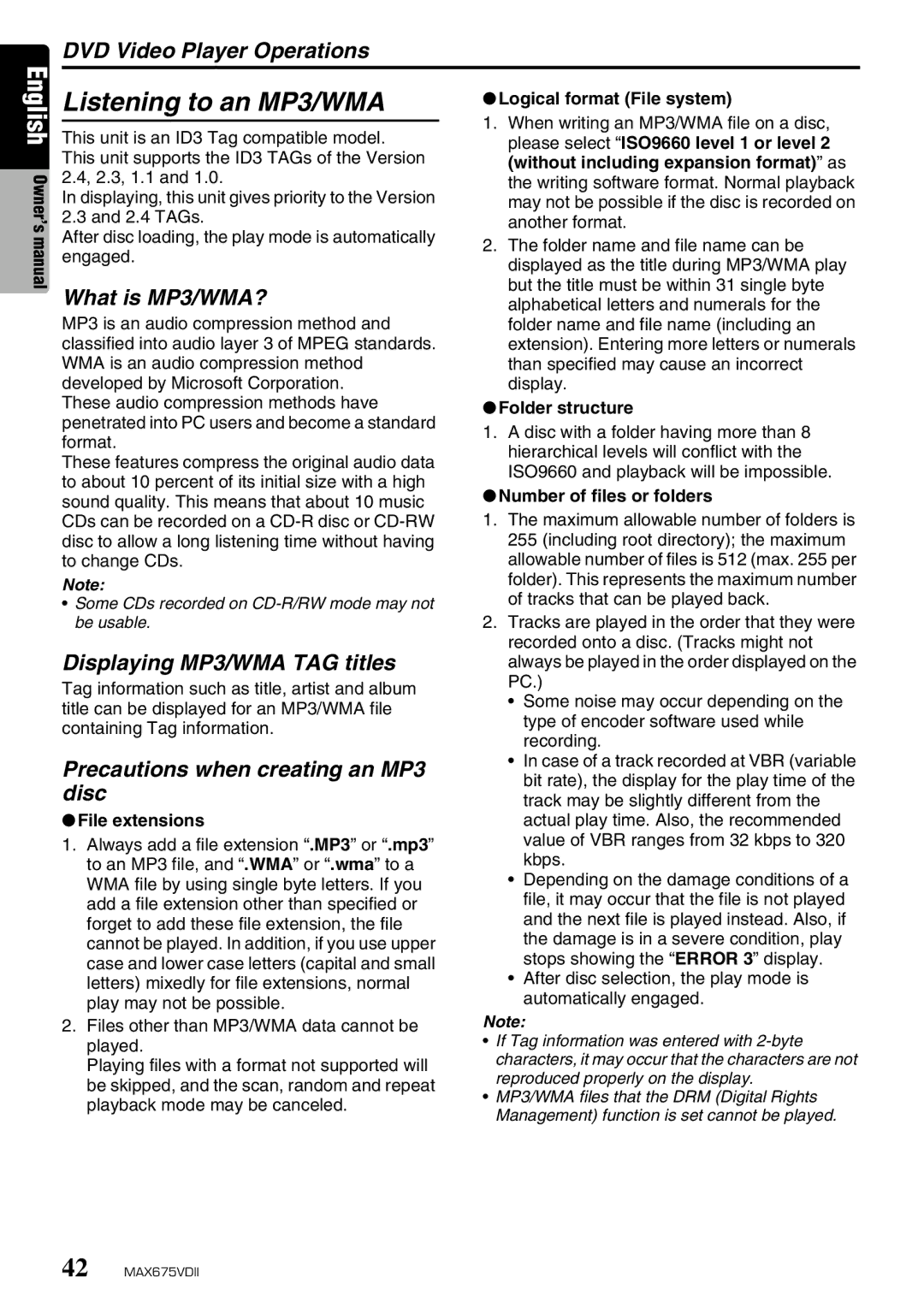 Clarion MAX675VDII owner manual Listening to an MP3/WMA, What is MP3/WMA?, Displaying MP3/WMA TAG titles 