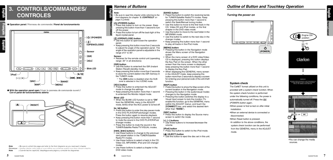 Clarion MAX675VDII owner manual Controls/Commandes, Controles, Names of Buttons Outline of Button and Touchkey Operation 