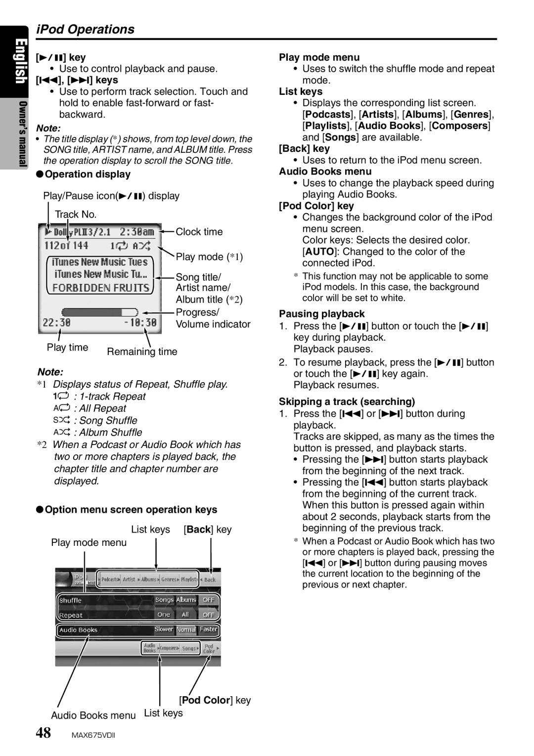 Clarion MAX675VDII owner manual IPod Operations 