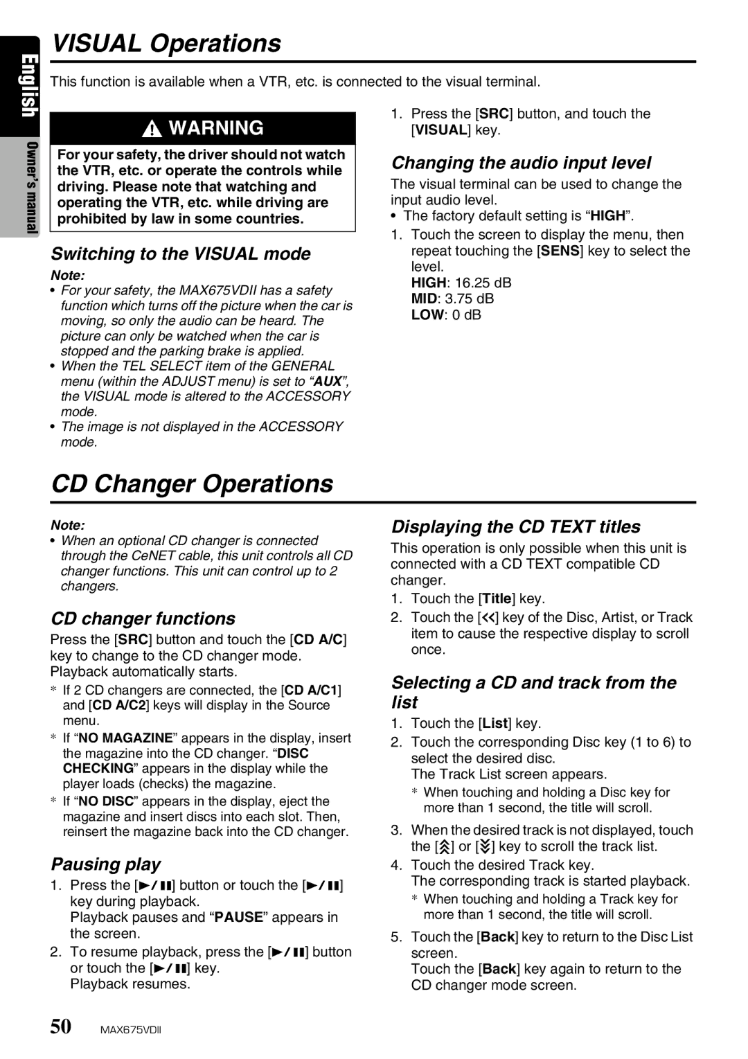 Clarion MAX675VDII owner manual Visual Operations, CD Changer Operations 