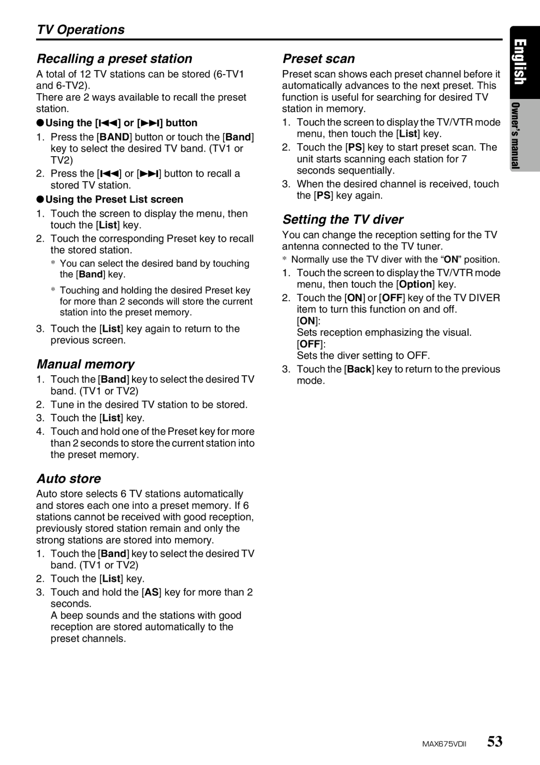 Clarion MAX675VDII TV Operations Recalling a preset station, Setting the TV diver, Using the Preset List screen 