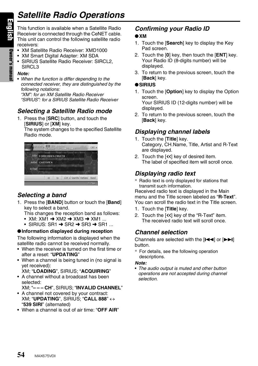 Clarion MAX675VDII owner manual Satellite Radio Operations 