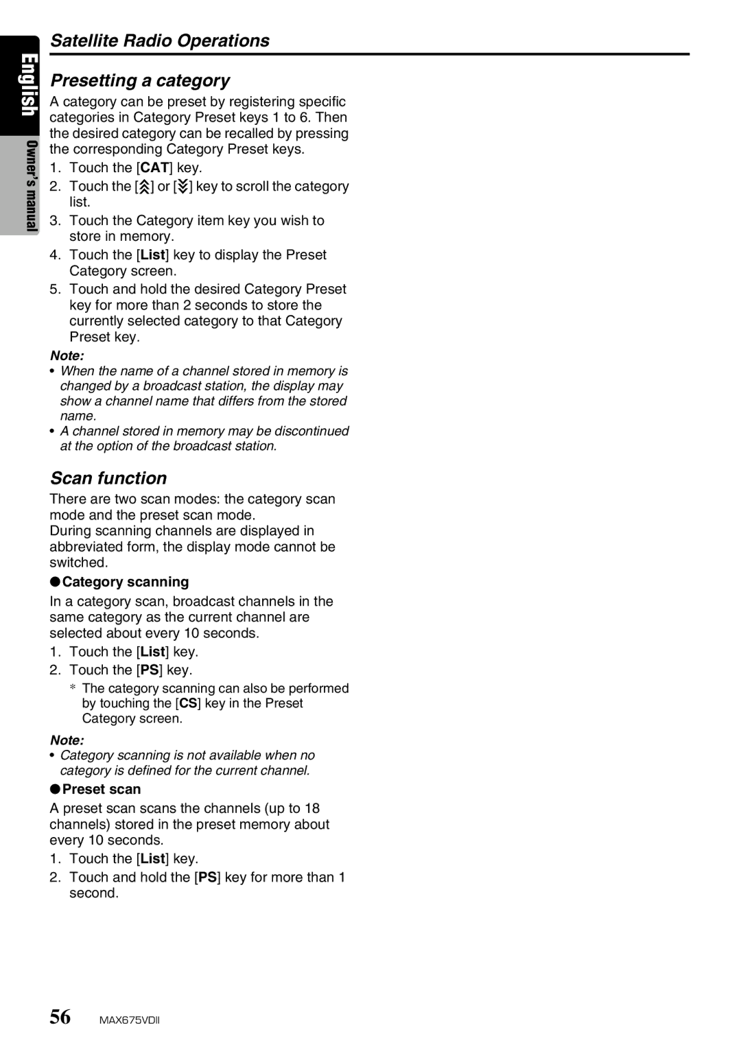Clarion MAX675VDII Satellite Radio Operations Presetting a category, Scan function, Category scanning, Preset scan 